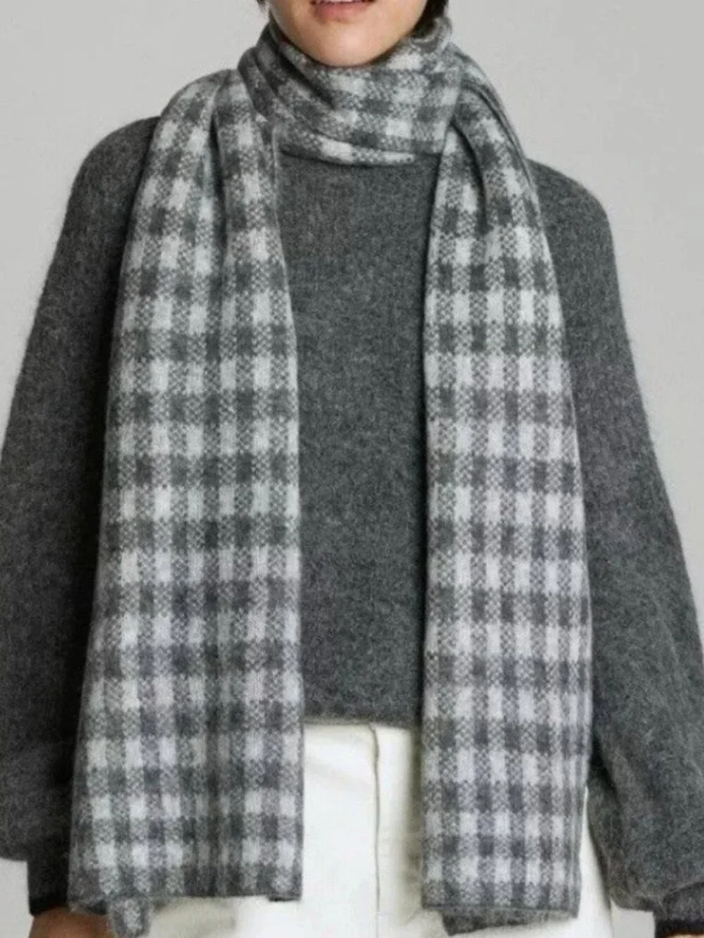 Everlane Scarf Unisex Oversized Gray Checkered Alpaca Nylon Wool Blend EUC
